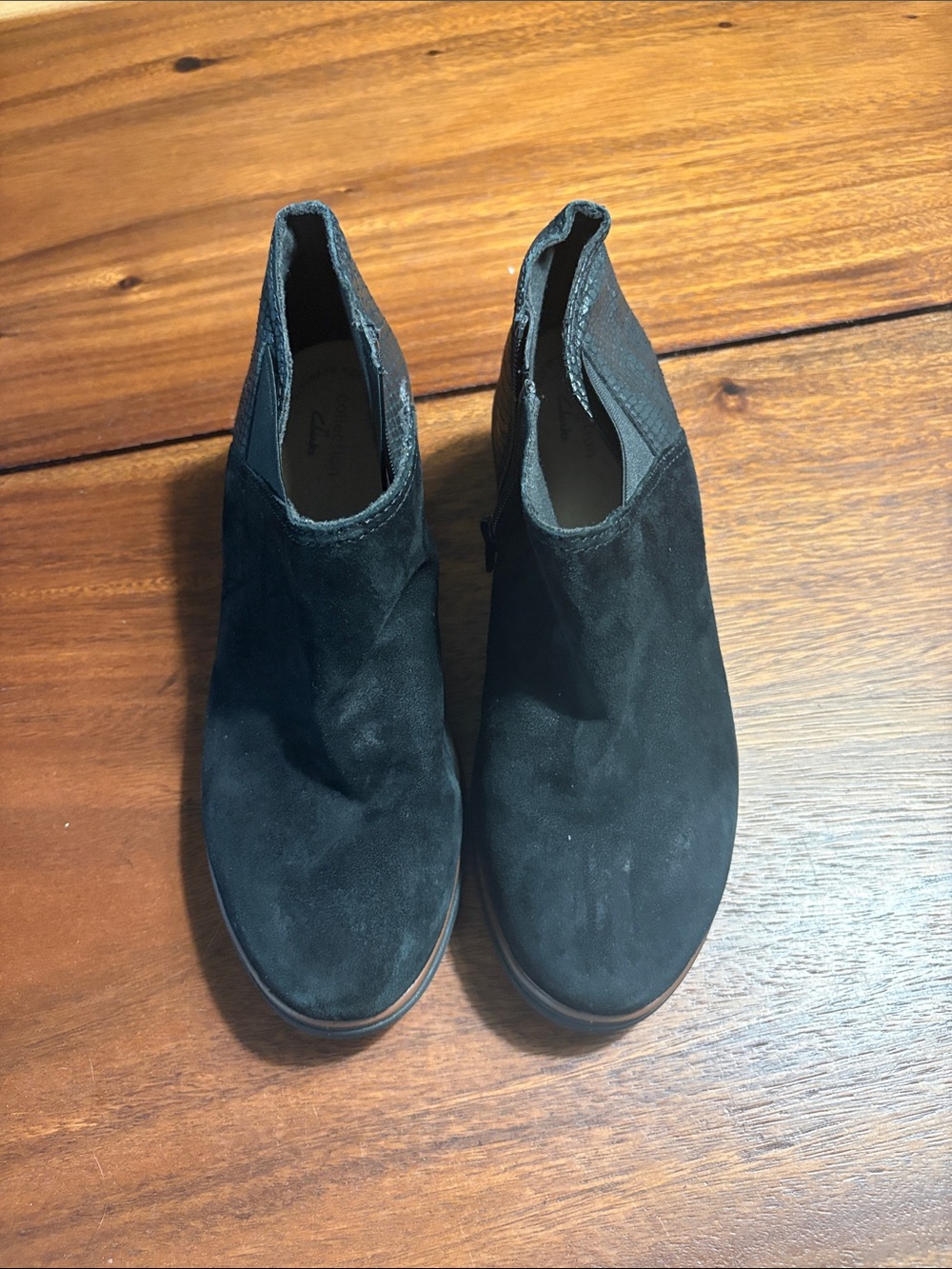 Clarks Black Suede Ankle Booties with Slip-On Panels